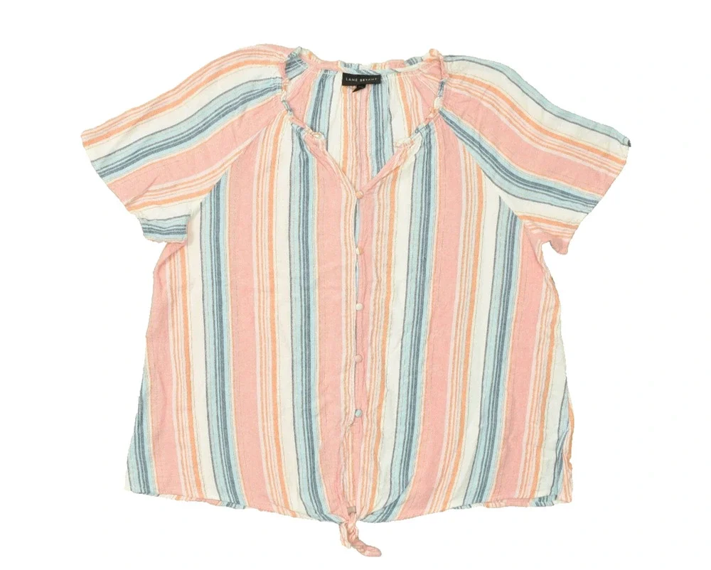 Lane Bryant Women's Size 16 Multi-Color Vertical Stripe Linen Blend Button Front